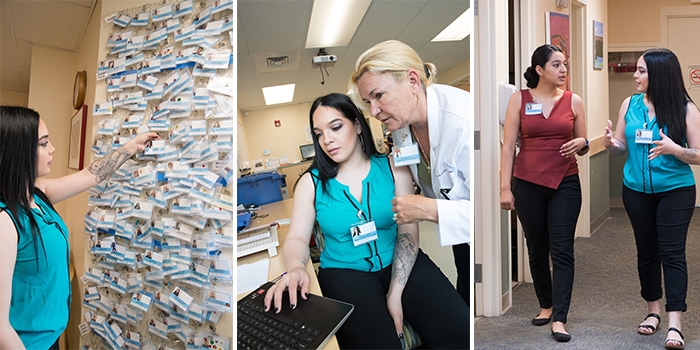 At the beginning of her shift, Matias locates her name tag among hundreds clipped to a board. At the computer, she enters a patient progress report, with the assistance of Clinic Operations Manager Maria DeBrum. Later, Matias meets up with DeLeon to exchange knowledge.