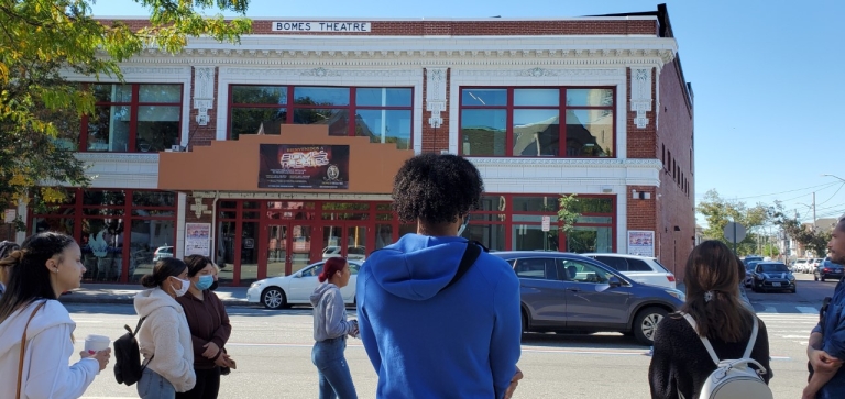 Students across from the Bomes Theater