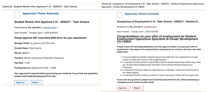 Screenshot showing student hiring offer and acceptance emails