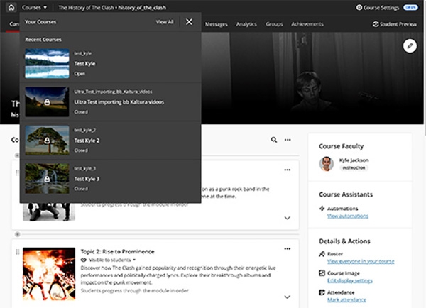Sample of Blackboard course switcher page
