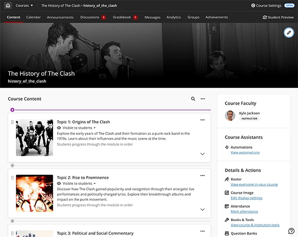 Sample of Blackboard full screen course page