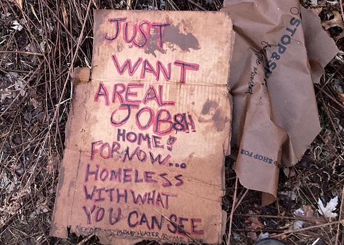 Homelessness -- a sign requesting work