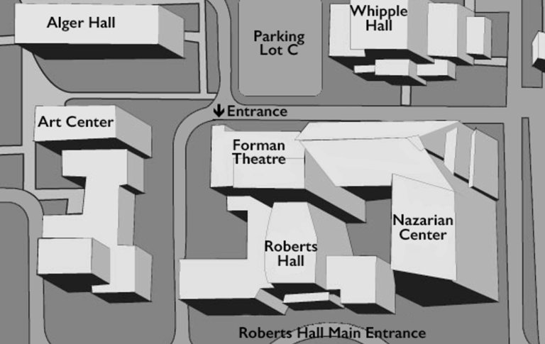 Campus map showing entrance of Forman Theatre across the street from Parking Lot C