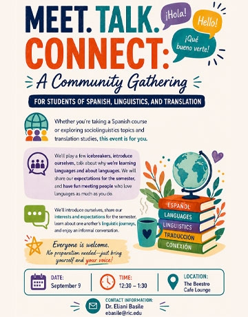 A colorful flyer advertising a community gathering for Spanish, linguistics, and translation students, with event details.