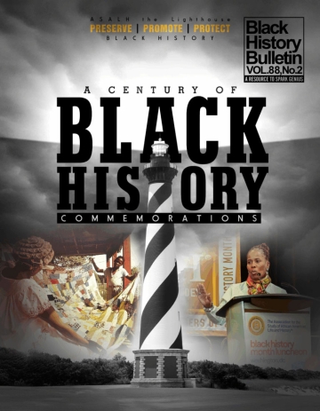 A Century of Black History Commemorations, Black History Month poster, containing prominent lighthouse, woman speaking at podium, and woman with quilt