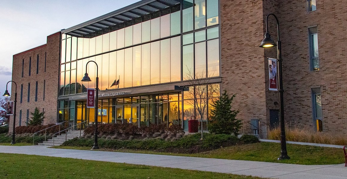 Gaige Hall exterior in sunset