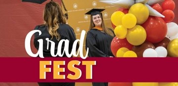 Grad Fest promotional graphic, with graduate getting her photo taking in her cap and gown