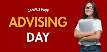 Advising Day poster, including student smiling, holding a laptop