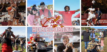 Photo collage of homecoming images, with homecoming logo on top
