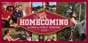 Homecoming photo collage with homecoming logo, featuring anchorman mascot, on top