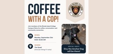 Flyer for coffee with a cop with photo of support dog black Labrador Elvy