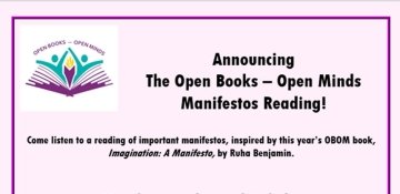 Open Books - Open Minds Manifesto reading with OBOM logo on pink background