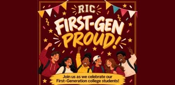 Flyer for First-Gen Proud with colorful banners and caricature group of smiling students