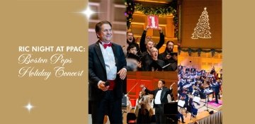 Holiday images of concert conductor, orchestra and decorations at PPAC
