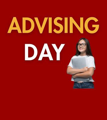 Advising Day poster, including student smiling, holding a laptop