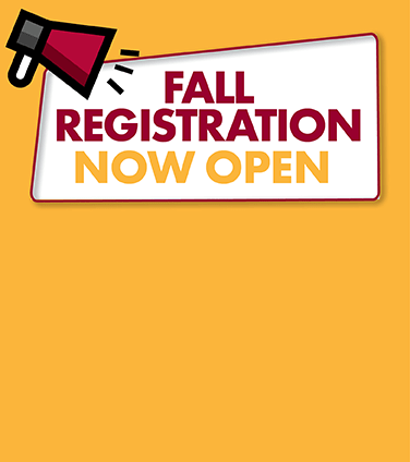 Fall Registration Now Open graphic, with mega phone producing the words