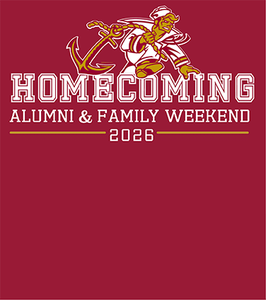 Homecoming: Alumni & Family Weekend 2026 logo with Anchorman mascot symbol
