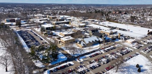 Campus in snow, from an overhead drone perspective