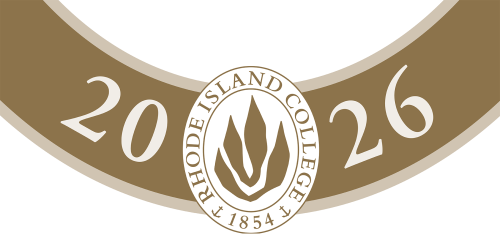 Rhode Island College gold seal with college name, 1854, anchor symbols and flame icon and the year 2026