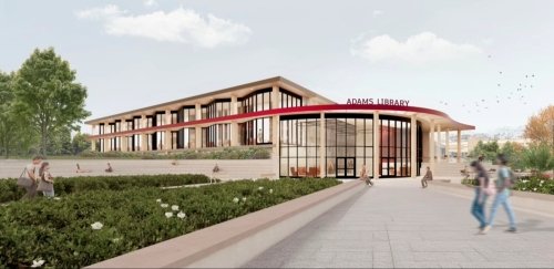 A rendering of the exterior of the proposed Student Success and Career Readiness Center at the Adams Library