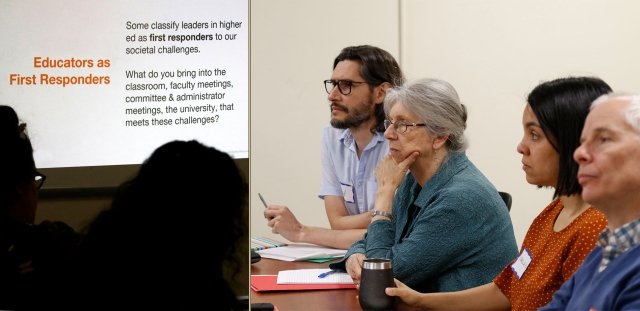 Faculty listen to PowerPoint presentation at professional development training