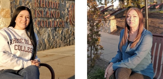 Social work student and alumnus sit on bench in campus Quad