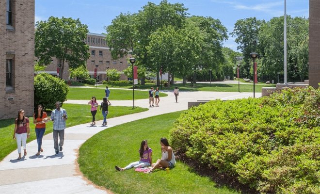 Students enjoying a spring day on the campus quad