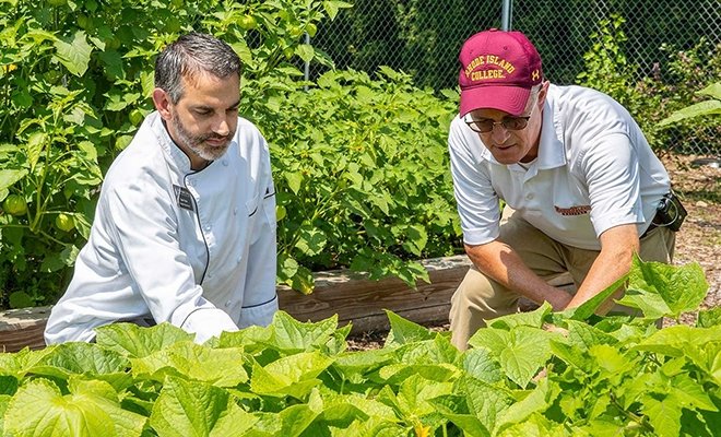 RIC's Executive Chef, Dean Faiola and Jim Murphy in campus garden