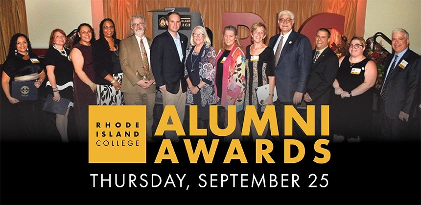 Alumni awards promotional graphic featuring winners from 2024