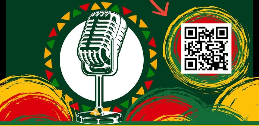Open mic night for black history flyer, showing african colors with an old fashioned microphone