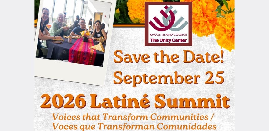 2026 Latiné Summit with theRIC Unity Center logo, a photo of attendees gathered around a table and marigold flowers