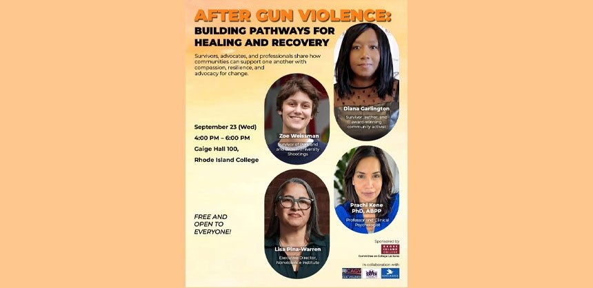 Gun Violence event poster with pictures of four presenters