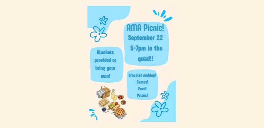 AMA picnic poster with blue flowers and picnic display of food