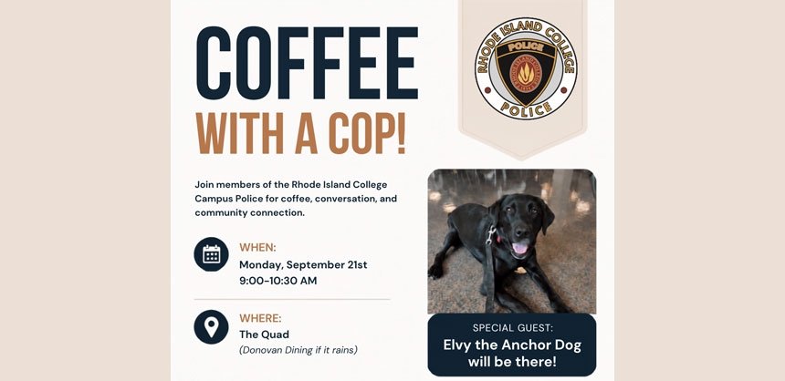 Flyer for coffee with a cop with photo of support dog black Labrador Elvy