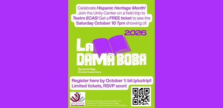 Flyer for a free field trip to see La Dama Boba celebrating Hispanic Heritage Month, with registration details and a QR code.