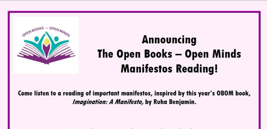 Open Books - Open Minds Manifesto reading with OBOM logo on pink background