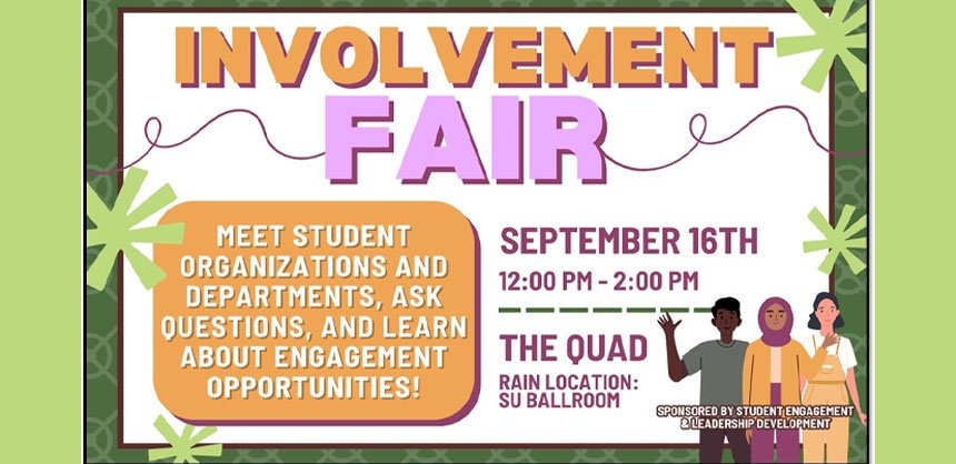 Colorful flyer for Student Involvement Fair with three students waving in bottom right