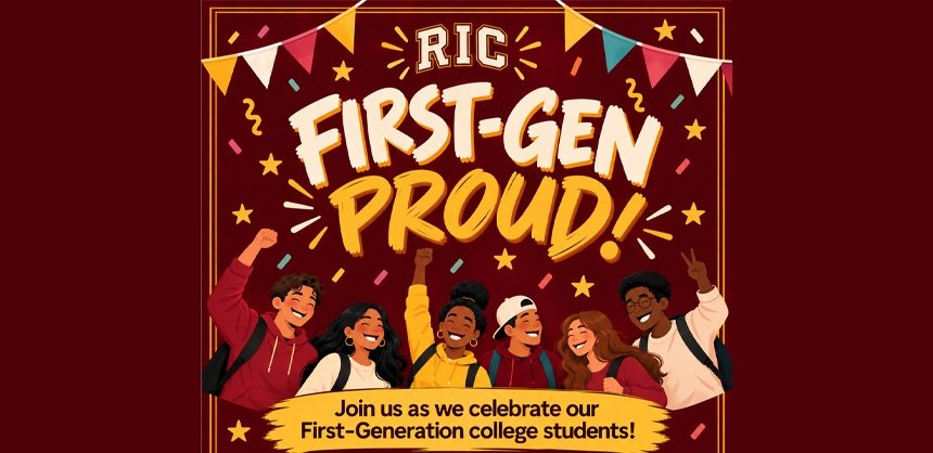 Flyer for First-Gen Proud with colorful banners and caricature group of smiling students