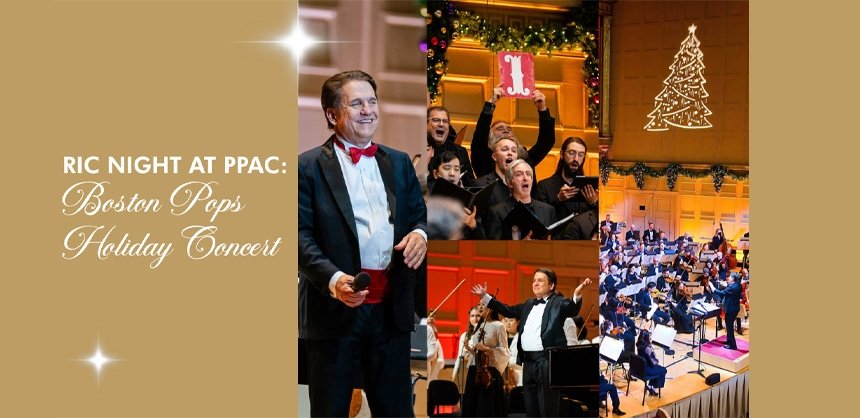 Holiday images of concert conductor, orchestra and decorations at PPAC